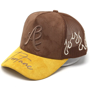 Nhà máy tùy chỉnh da lộn 5 Bảng điều chỉnh Trucker Hat thêu logo vành lửa lưới trucker mũ - Product Image 1