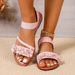 Ladies Summer Flat Roman Style <b>Sandals</b> Floral Embellish <b>Elastic</b> Ankle Strap Large Size Casual Beach <b>Sandals</b> - Product Image 5