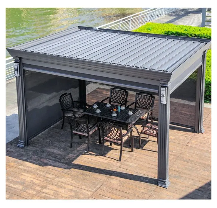 Pérgola con Control Remoto para Exteriores, Gazebo Bioclimático de Aluminio con Pantalla Solar, Pabellón de Sombrilla