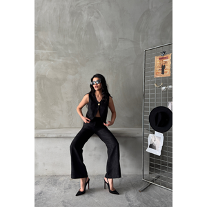 Conjunto de Chaleco y Pantalones de Lino para Mujer, Traje Negro de Un Botón - Product Image 3
