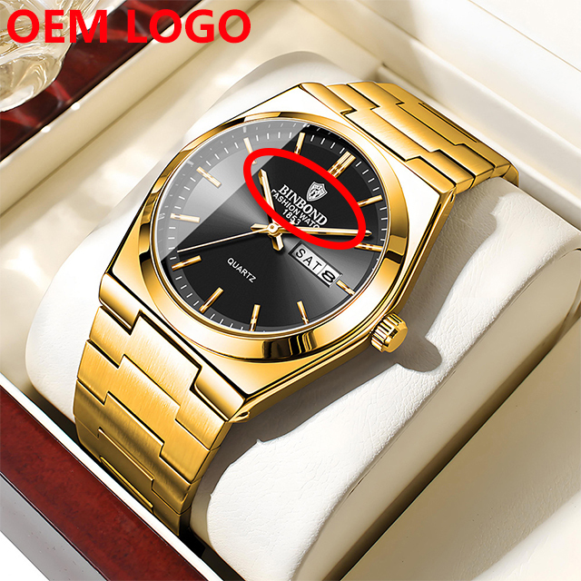 OEM Custom LOGO BINBOND B102 102 Quartz Watch Waterproof Stainless Steel Leather Strap Luminous Hands Men's Wrist Watch for Men