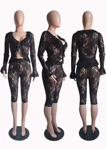 Viviblook Z417ST09 Conjuntos de Ropa de Verano para Chicas, Nuevo Conjunto Sexy de Top de Manga Larga con Encaje Transparente y Pantalones Cortos para Mujer, Tallas Grandes - Product Image 6