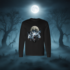 Camiseta de manga larga con diseño de cabra de tres cabezas bajo la luna llena, estilo oculto y de terror - Product Image 3
