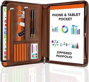 Portfolio Binder Bruine Zakelijke Map Cv/Document Organizer-Multifunctionele Padfolio Met Ritssluiting, Leren Documenttas