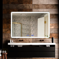 Miroir de salle de bain intelligent carré moderne pour hôtel, personnalisé, LED trois couleurs, gradation, anti-buée, 6 touches, haut-parleur, écran tactile