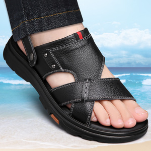 Sandales pour hommes en cuir véritable à brides croisées, bout ouvert, semelle extérieure en caoutchouc antidérapante, chaussures décontractées d'été, première couche de cuir de vachette, semelle intermédiaire en EVA - Product Image 1
