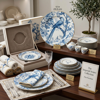 Service d'assiettes de luxe en porcelaine fine, motif élégant, céramique, vintage, motif oiseau bleu, bord doré, vaisselle de table pour boutique et détaillants
