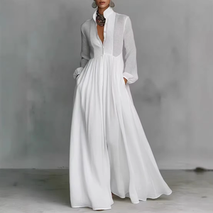 Abito Lungo in Misto Lino <span class=keywords><strong>Bianco</strong></span> per Donna, Collo Tondo, Maniche Lunghe a Sbuffo, Bottoni Frontali, Tasche, <span class=keywords><strong>Vestito</strong></span> Lungo Fluido e Comodo per Vacanze - Product Image 1