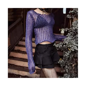 Nouveaux vêtements gothiques à la mode T-shirt d'été noir femme Streetwear épaules dénudées Bandage col licou haut court Punk tricoté Sexy Tops - Product Image 1