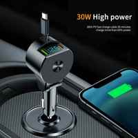 Chargeur de voiture 3 en 1 Affichage numérique LED PD Type C QC3.0 Câble intégré Chargeur de téléphone à charge rapide Adaptateur Charge rapide pour téléphone