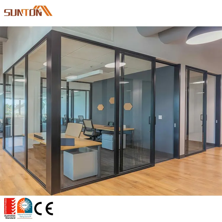 Commercial storefront office interior soundproof partition wall large size aluminum tempered glass sliding doors and windows