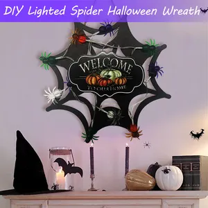 DIY Lighted Halloween Wreath Halloween Front Door Wreath 10PCS Spider Spooky Glitter Black Wreath