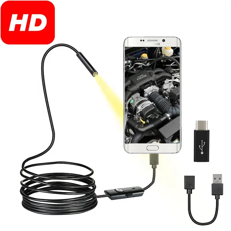 Kamera Endoskop 7Mm, Mikro USB OTG Tipe C Tahan Air 6 LED Dapat Disesuaikan Inspeksi Kamera Borescope untuk Ponsel Android & Komputer