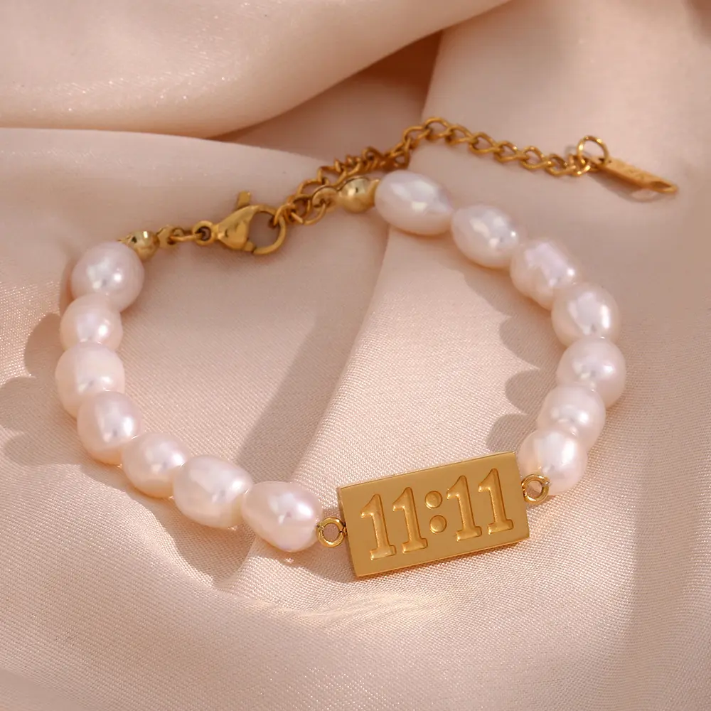 INS Fashion Double 11 Stainless Steel Bracelet Gold Plated Angel Lucky Number 11:11 Freshwater Pearl Bracelet For Women