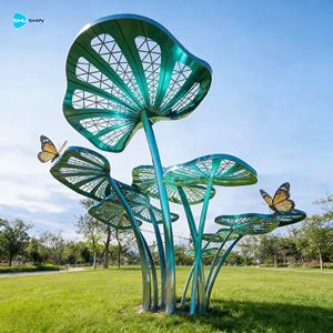 磨かれたカラフルなステンレス製のキノコの木の彫刻セット、屋外商業広場やテーマパークの装飾に - Product Image 4