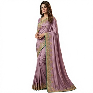 Luxury Traditional Designer Heavy Thread Zari Embroidery Work Sequins Soft Silk Slim Fit Saree Indian Summer Weddings Parties - Product Image 1