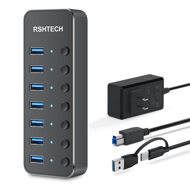 RSHTECH 7 in 1 Type C Hub with DC 5V/3A Power Adapter 5Gbps USB C Adapter USB 3.0 Hub for Laptop Macbook Pro