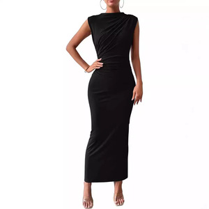 Abito lungo aderente slim fit <span class=keywords><strong>con</strong></span> <span class=keywords><strong>spacco</strong></span> e vita plissettata, senza maniche, casual da donna - Product Image 1