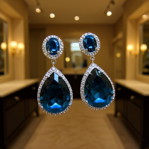 Boucles d'oreilles pendantes en cristal bleu pour femmes E2262, argent 925 plaqué rhodium, goutte d'eau, bijoux de mariage classiques - Product Image 2