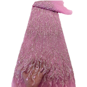 Tela de encaje bordado con cuentas Tela de encaje de red floral bordada con cuentas para vestido - Product Image 1