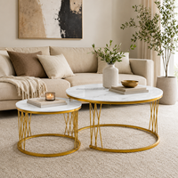 Table basse au design moderne et luxueux, plateau en marbre de 70 cm/27,6 pouces avec base circulaire dorée et table d'appoint de 50 cm/19,7 pouces