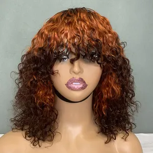 Makine yapımı Bob SDD lüks kıvırcık peruk patlama ile siyah kadın T 2/350/2 renk ucuz fiyat saç peruk