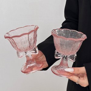 İns Tarzı Pembe Fiyonklu Ayaklı Cam Bardak, Şarap, Şampanya, Kokteyl, Kahve, Tatlı, Dondurma için Bardak, Estetik Ev Cam Eşyaları - Product Image 1