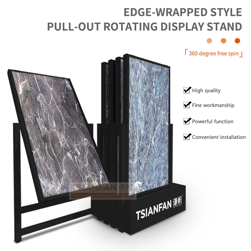 Novo design 360 graus de giro livre quartzo pedra artificial pedra natural vidro grande prato amostra prateleira de exposição de pedra deslizante