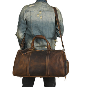 Bolso de hombro de cuero Crazy Horse para hombre, bolso de viaje de negocios de gran capacidad, color marrón oscuro, cuero genuino de color sólido - Product Image 1
