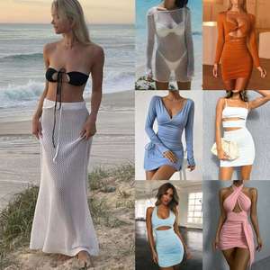 Conjunto de dos piezas de punto para <span class=keywords><strong>mujer</strong></span> con cordones en la espalda y detalles de ganchillo, minifalda y top bikini con ombligo expuesto, a bajo precio y en stock. - Product Image 5