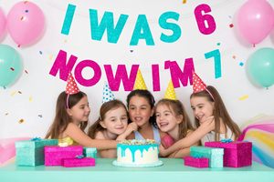 Banner de Papel con Purpurina Rosa Intenso y Verde Azulado para Niñas, Decoración para Fiesta de Cumpleaños de 7 Años, Tema <span class=keywords><strong>Meme</strong></span>, 'Ya no soy 6, ahora soy 7' - Product Image 2