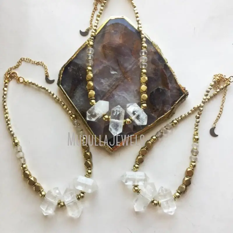 NM45521 Clear Crystal Triple Quartz Point Beaded Gold Plated Choker Necklace Double Terminated Witch Boho Beach Jewelry