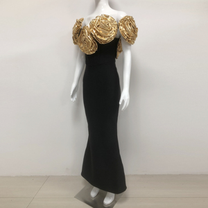 <span class=keywords><strong>Robe</strong></span> de Soirée <span class=keywords><strong>Noire</strong></span> de Luxe pour Femme, <span class=keywords><strong>Robe</strong></span> <span class=keywords><strong>Longue</strong></span> Moulante Formelle avec <span class=keywords><strong>Fleurs</strong></span> 3D Dorées, Robes Élégantes pour Femmes - Product Image 3