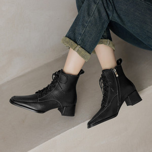 Elegantes Botas Largas Retro para Mujer, Hechas a Mano con Cuero Genuino, Antideslizantes, Impermeables, Duraderas, de Color Sólido, con Punta en Pico, Casuales - Product Image 4