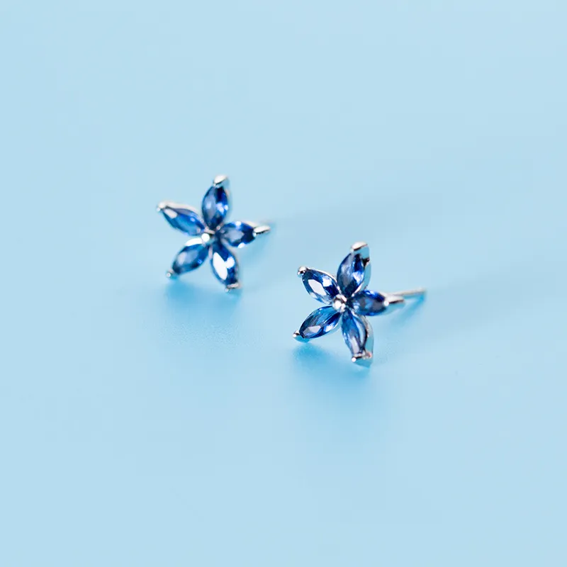 Blue Cubic Zirconia Flower Shape 925 Sterling Silver Wedding Studs Earrings for Women Small CZ Earings Jewelry
