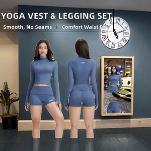 Ensemble de fitness côtelé sans couture pour femme : Soutien-gorge de sport à encolure ajustée et leggings de yoga assortis – Tenue de sport unie - Product Image 2