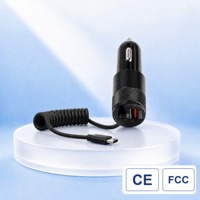 Penjualan Pabrik Charger Mobil Universal Portabel Cepat 48W PD QC3.0 dengan Kabel Spiral Tipe C Terintegrasi dan Port USB Output 30W