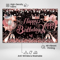 Bannière de fête suspendue en polyester portable, personnalisée, avec impression numérique, thème anniversaire, ballons or rose, couronne et paillettes, pour la vente en gros