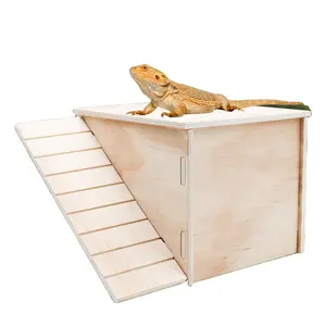 Wooden Reptile Hiding Cave Cage with Ramp and Aquarium Accessories for Geckos Tortoises Chameleons Pet Houses & Furniture