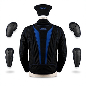 Blouson de moto en cuir noir et bleu à blocs de couleur, manches longues, fermeture éclair, col montant, coupe-vent, imperméable, pour la moto - Product Image 4