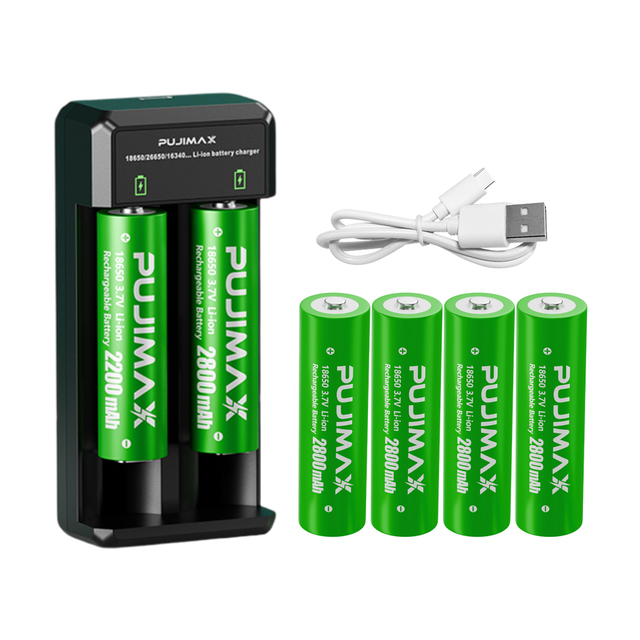 PUJIMAX Portable 3.7 Volt 18650 Li-ion Battery Pack 4pcs 2800mAh Rechargeable Lithium-ion Batteries with Smart 18650 Charger
