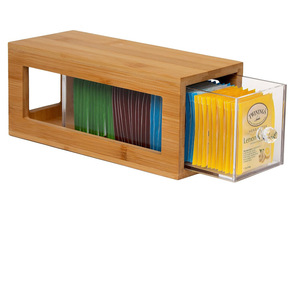 Bamboo Tea Bag Storage Box With Acrylic <b>Drawer</b> <b>Sliding</b> Design For Kitchen Desktop Organization - Product Image 1