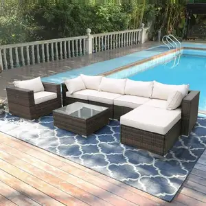Set di divani componibili in Rattan a 6 posti di alta qualità Set di mobili da esterno moderni in vimini di lusso mobili da giardino ad angolo per esterni