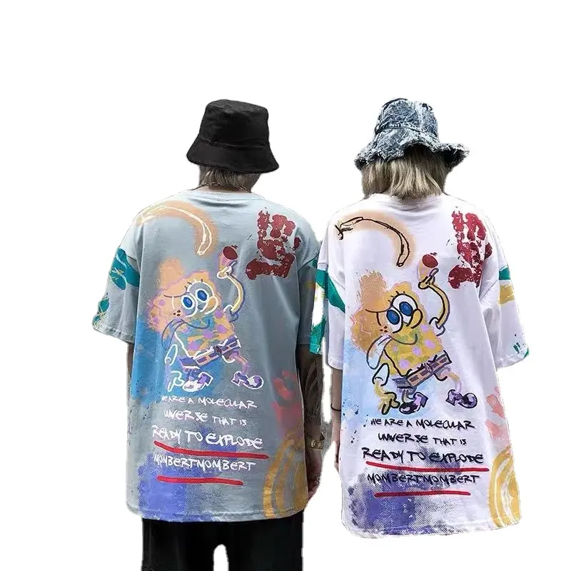 Hip hop tie-dye short sleeve T-shirt men's cartoon graffiti print loose-fitting couple outfit half sleeve bottom shirt summer