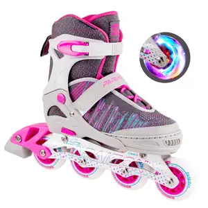 PAPAISON 最新技术 4 弹性 PU 闪光轮飞编织材料粉红色蓝色内联 skates 鞋为孩子