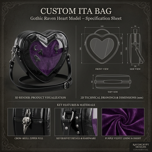 Sac Ita Premium en Velours Violet de Luxe, Style Dark Academia, en Forme de Cœur, avec Accessoires Crâne de Corbeau Sorcier, Porte-Merch Unique Gothique - Product Image 1