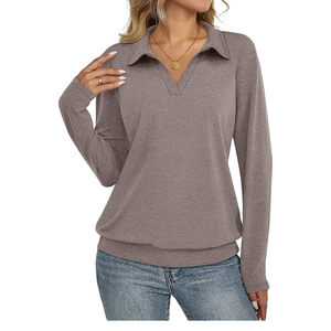 T-shirts décontractés en maille respirante à manches longues pour femmes, style professionnel, col en V, ourlet à bande, motif imprimé, logo - Product Image 3