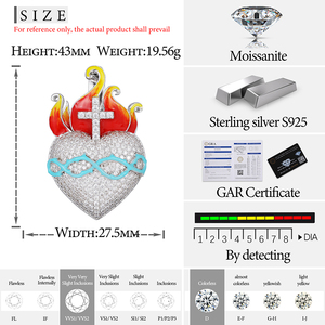 어둠 속에서 빛나는 새로운 디자인 힙합 남자 925 스털링 실버 VVS Moissanite 크로스 화재 심장 펜던트 목걸이 - Product Image 6
