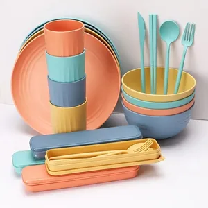 32pcs Wheat Straw Dinnerware Sets Unbreakable Plastic Plate CupAnd Ramen Bowl Tableware Eco-Friendly Reusable ColorfulFlatware