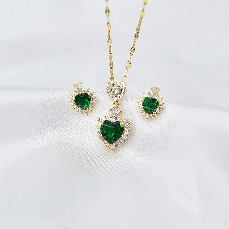 Green Zircon Heart Charm Pendant Necklace And Sterling Silver 925 Post Earring Wedding Party Gift Jewelry Set For Women